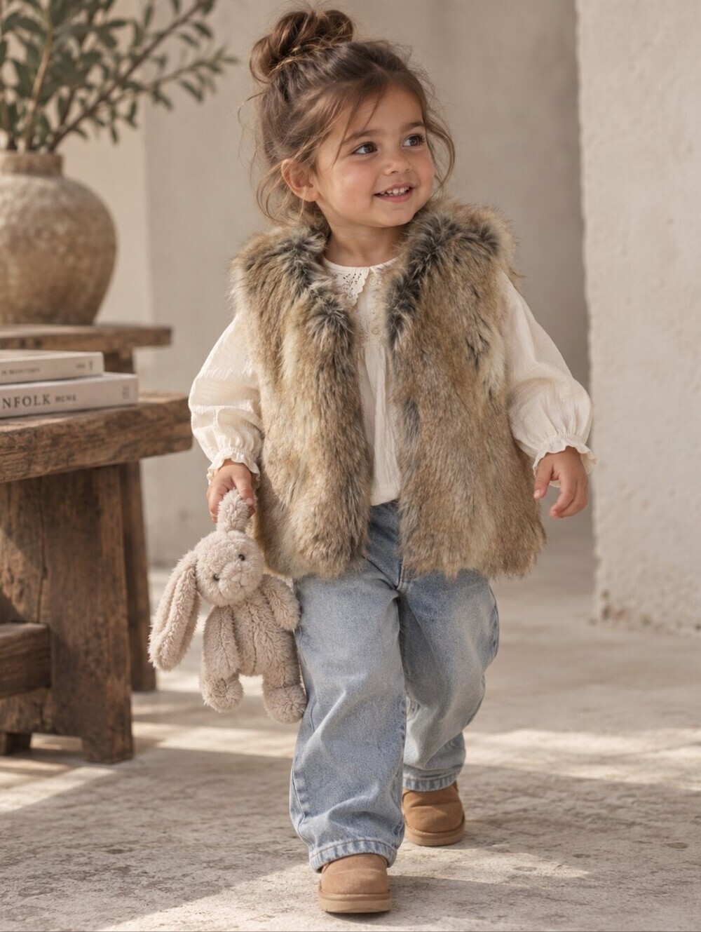 Zara Baby Girls Faux Fur Vest 2-3Y Brown Tan Boho Luxe Gilet